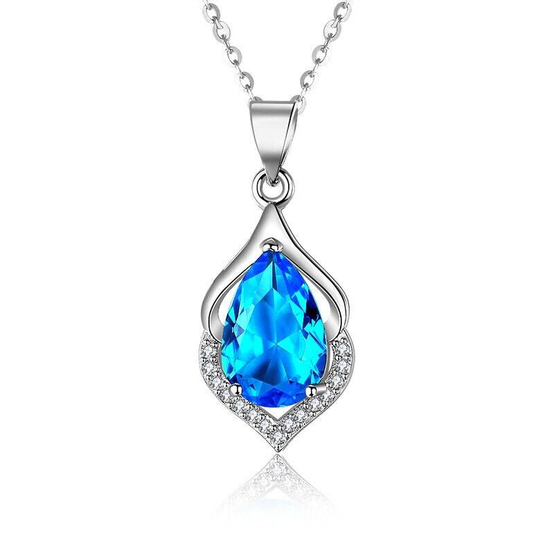 Crystal Blue Water Drop Pendant Chain Necklace 925 Sterling Silver Jewellery UK