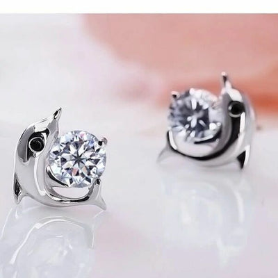 Crystal Dolphin Hug Womens 925 Sterling Silver Stud Earrings Jewellery Gift UK