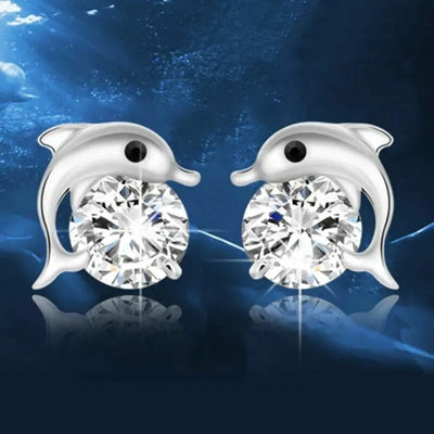 Crystal Dolphin Hug Womens 925 Sterling Silver Stud Earrings Jewellery Gift UK