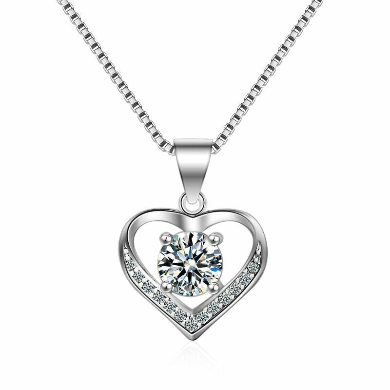 Women Crystal Heart Pendant Chain Necklace 925 Sterling Silver Jewellery Gift