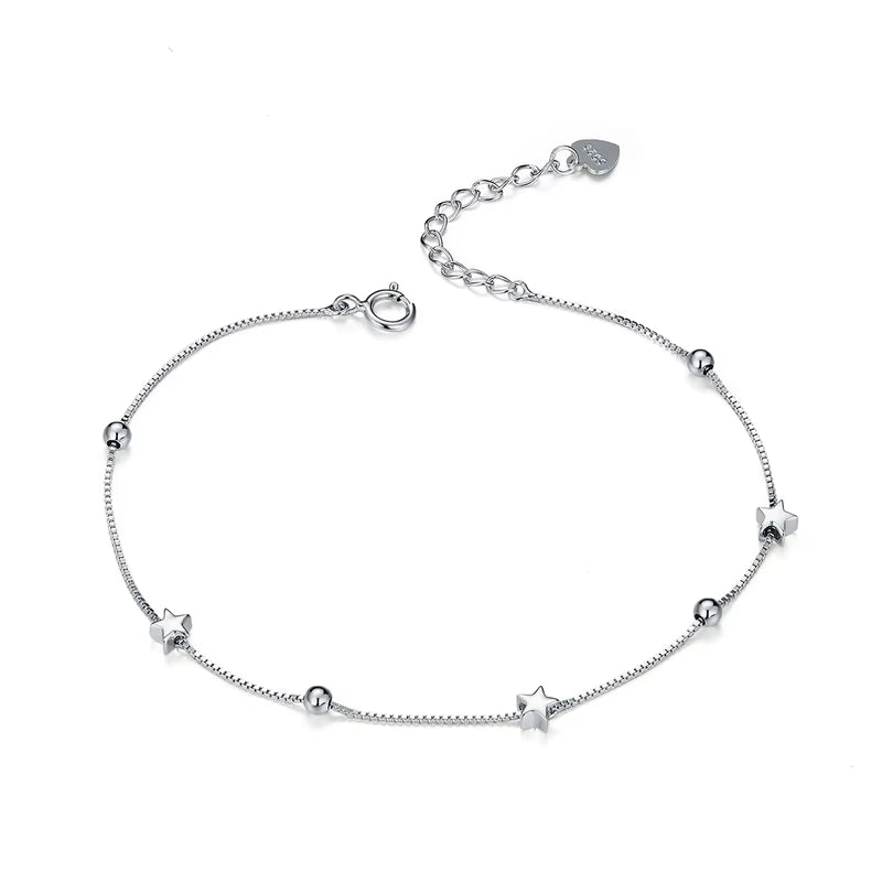 Genuine 925 Sterling Silver Heart and Star Beads Chain Bracelet Female Fashion Silver 925 Jewelry Accessories SCB171