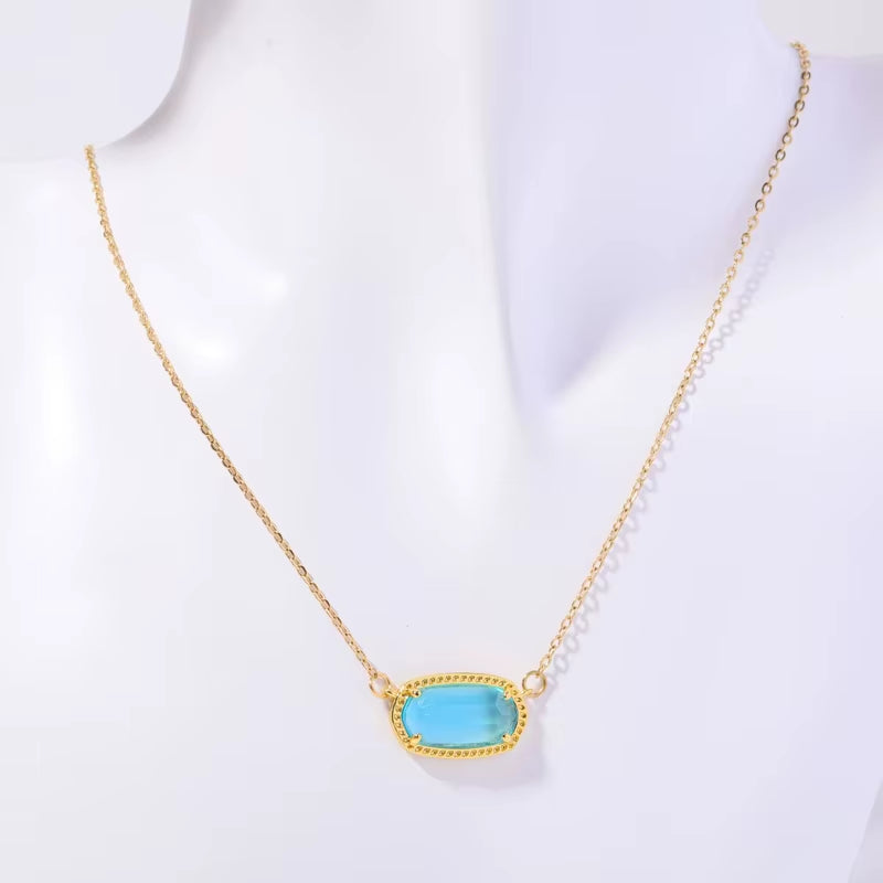 New Titanium Steel Color Birthstone Crystal Pendant Necklace Women'S Retro Natural Stone Birthday Gift Fashion Jewelry