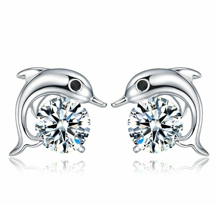 Crystal Dolphin Hug Womens 925 Sterling Silver Stud Earrings Jewellery Gift UK