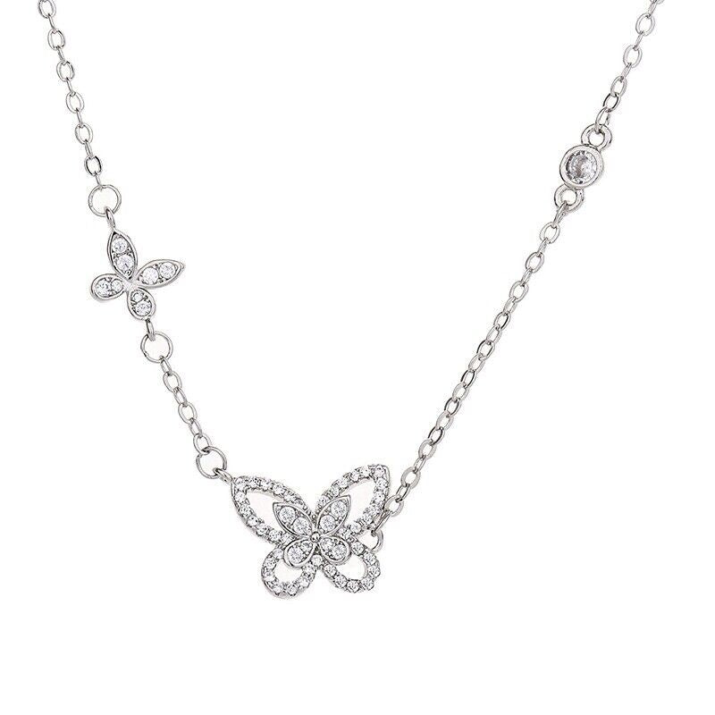 Beautiful Crystal Butterfly Necklace 925 Sterling Silver Women Girls Jewellery