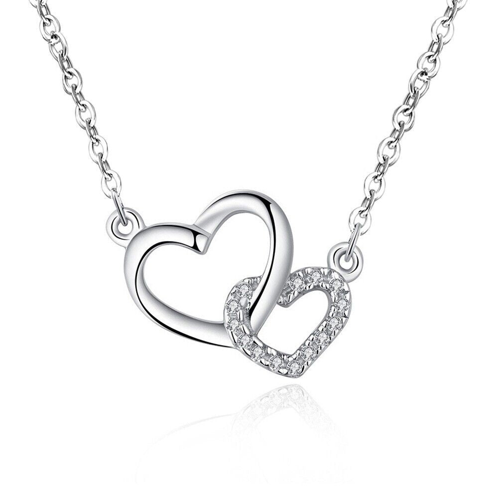 925 Sterling Silver Crystal Heart Linked Pendant Necklace Women Girls Jewellery