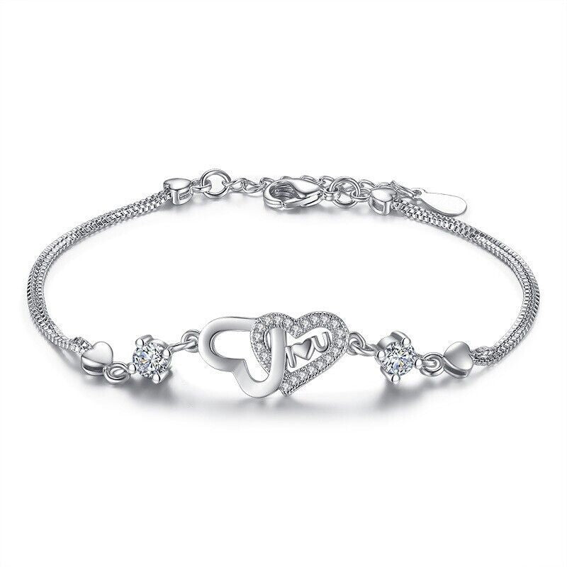 925 Sterling Silver Crystal Double Heart Linked Charm Bracelet Women Jewellery