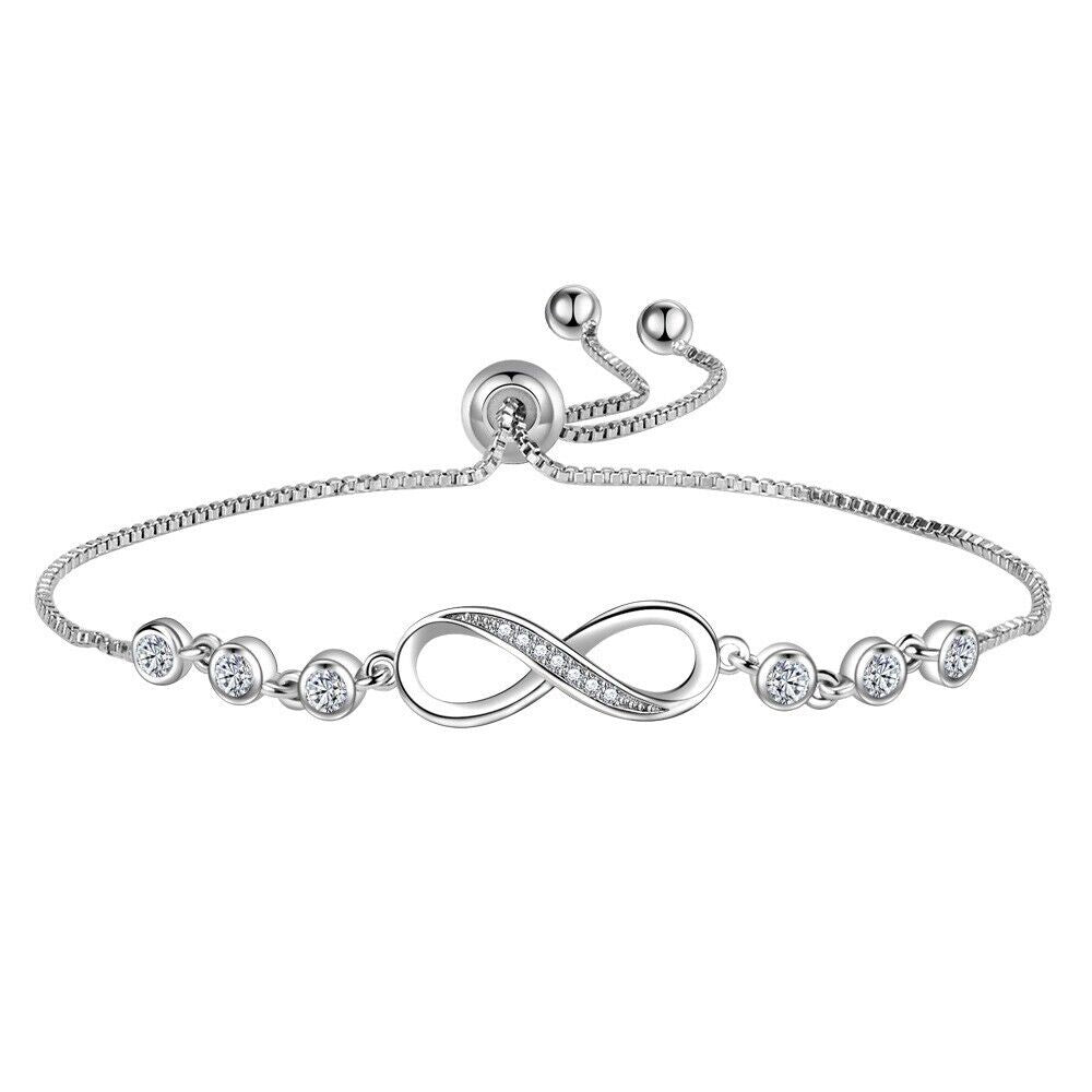 925 Sterling Silver Crystal Love Linked Charm Bracelet Women Jewellery Gift