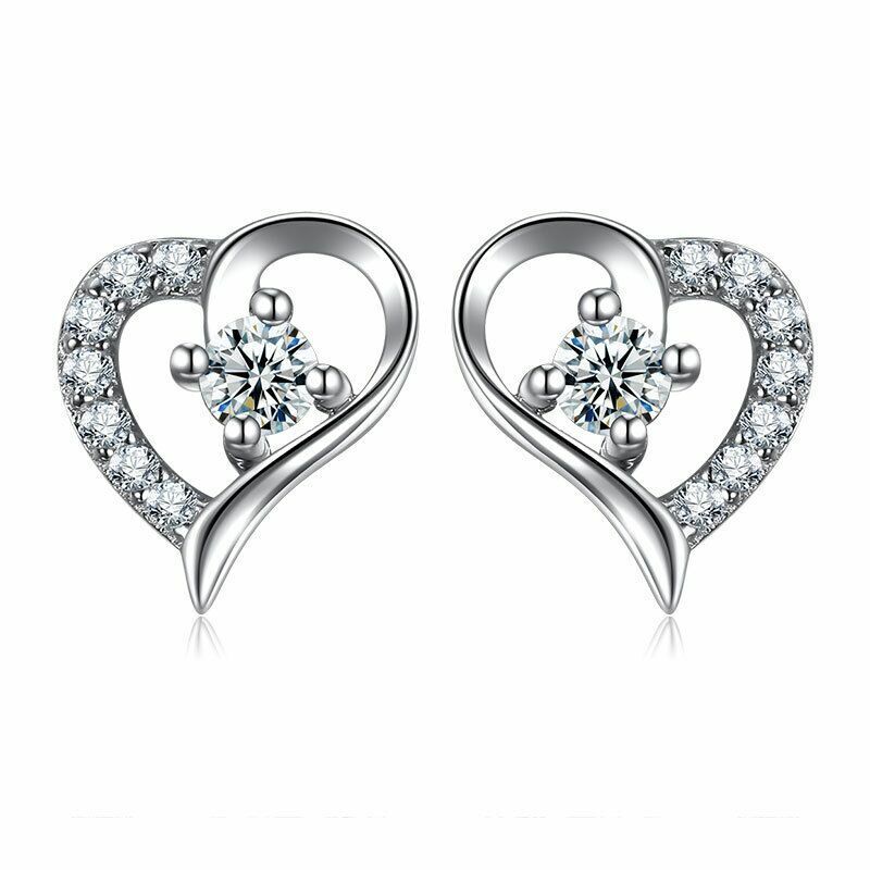 Crystal Heart Stud Earrings Women Girls 925 Sterling Silver Jewellery Gift UK